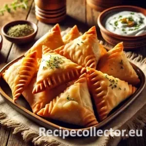 Golden-brown triangular Greek phyllo samosas served on a ceramic plate with herb yogurt dip, displayed on a rustic wooden table with natural lighting.