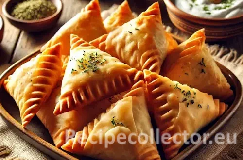 Golden-brown triangular Greek phyllo samosas served on a ceramic plate with herb yogurt dip, displayed on a rustic wooden table with natural lighting.