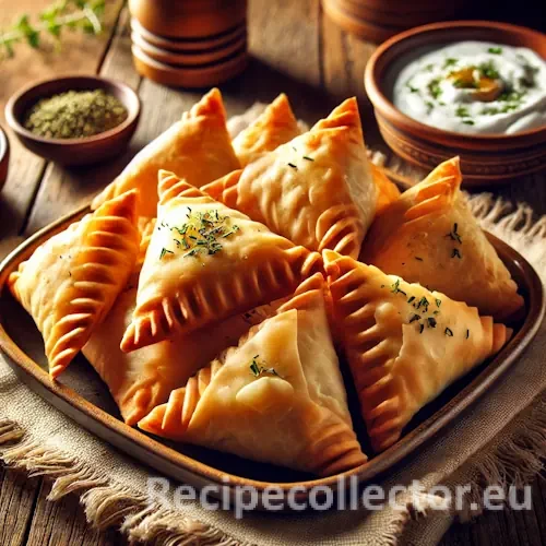 Golden-brown triangular Greek phyllo samosas served on a ceramic plate with herb yogurt dip, displayed on a rustic wooden table with natural lighting.