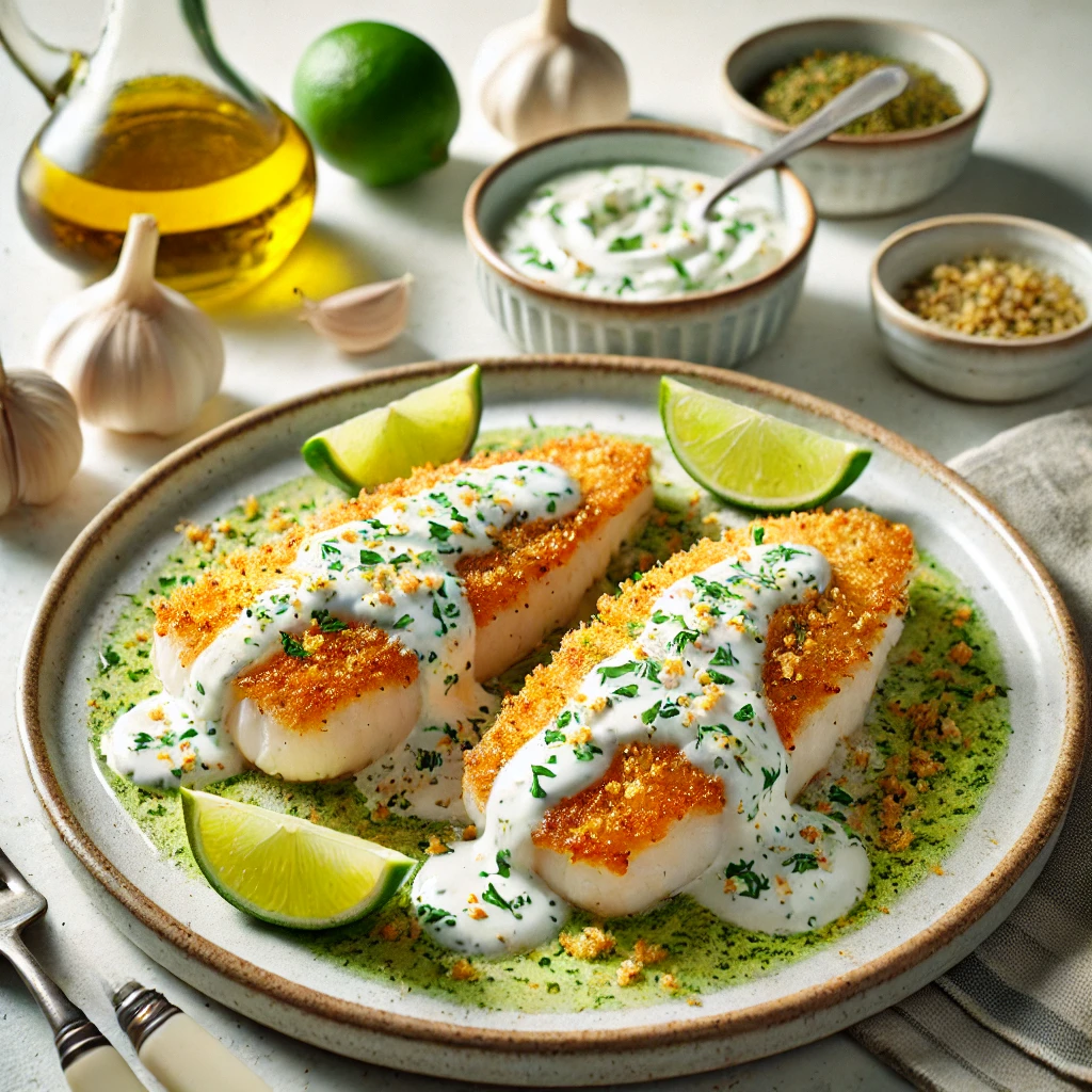 Grilled Hake with Garlic Sauce, featuring golden, crispy hake fillets topped with creamy garlic sauce, garnished with lime wedges and fresh herbs, presented in a clean and inviting setting.