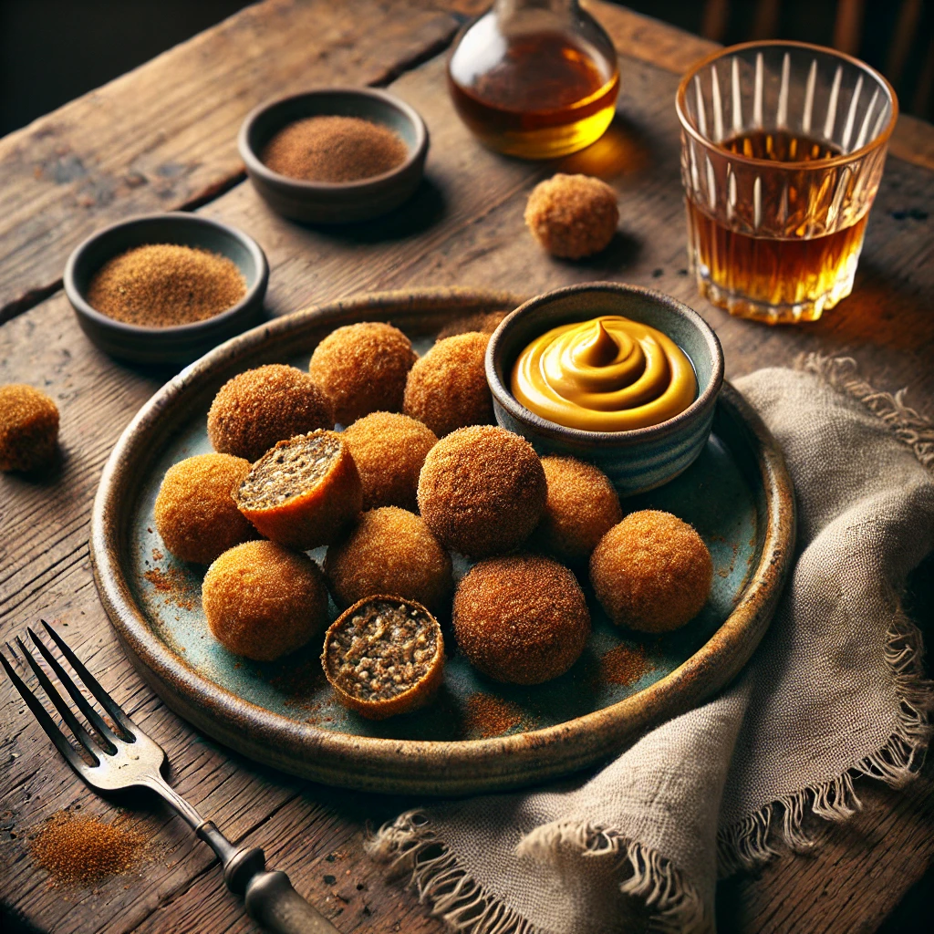 Haggis Bon Bons served on an artisan ceramic plate, golden and crispy, lightly dusted with smoked paprika. A small bowl of whisky mustard mayonnaise sits beside them for dipping. The dish is styled on a rustic wooden table with a linen napkin, a fork, and a small dish of extra panko breadcrumbs.
