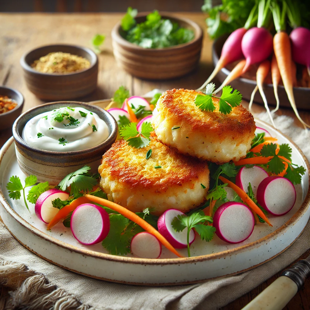 Golden and crispy halibut cakes served with a creamy horseradish mayo, garnished with fresh cilantro, presented alongside vibrant vegetables on a rustic white plate under soft natural lighting