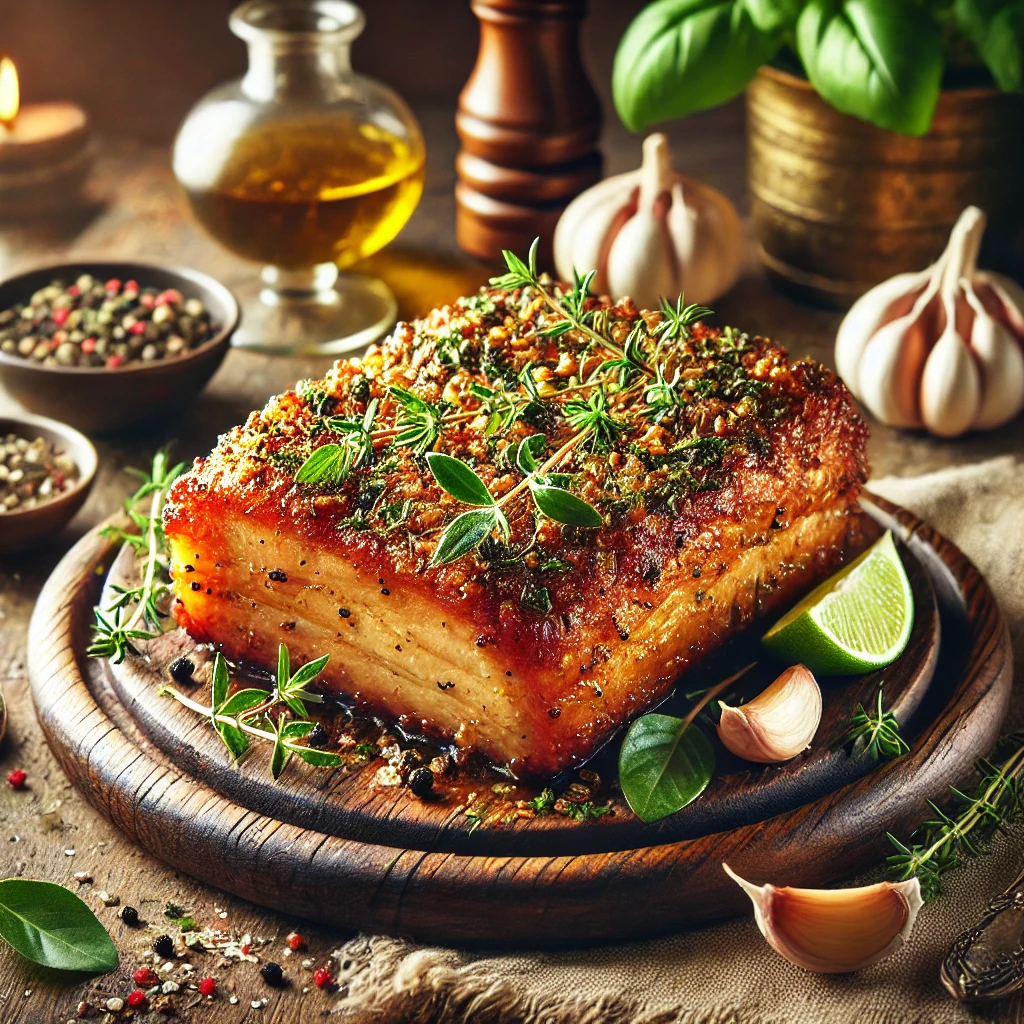Crispy, golden-brown herbed and garlicky pork belly served on a rustic wooden platter, garnished with fresh herbs and lime wedges. The juicy interior contrasts with the crunchy skin, highlighted by warm natural lighting that enhances the textures and vibrant seasonings.