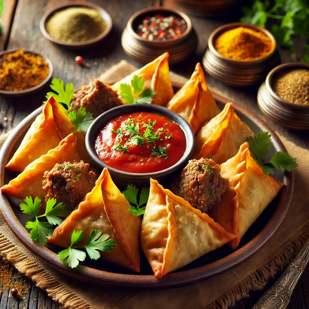 A plate of golden Indian beef samosas arranged beautifully with crispy, flaky phyllo pastry triangles. The samosas are served alongside a vibrant Indian tomato sauce in a small bowl, garnished with fresh herbs. The setting includes a rustic wooden table, small bowls of spices like turmeric and cumin, and soft natural lighting highlighting the rich textures and inviting warmth of the dish.