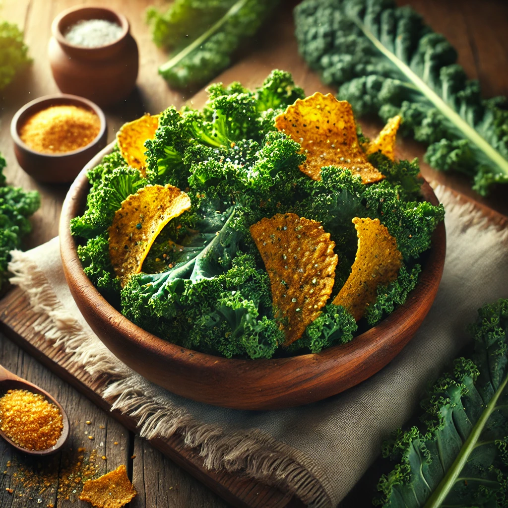 Crispy kale chips in a rustic wooden bowl, seasoned with sea salt and nutritional yeast, surrounded by fresh kale leaves and a small dish of seasoning on a wooden table with natural lighting.