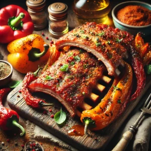 A rustic wooden platter featuring golden-brown St. Louis-style pork ribs, seasoned with paprika, mustard powder, and sesame oil, garnished with fresh herbs. The ribs are served alongside vibrant, slightly charred roasted bell peppers, creating a colorful and hearty meal. The warm lighting highlights the textures and rich colors of the dish, perfect for a cozy dining setup.