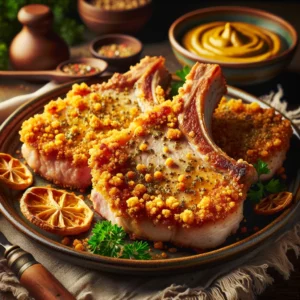 Golden-brown pork chops with a crispy cracker crust, seasoned with mustard and spices, plated on a rustic ceramic dish. Garnished with fresh parsley and served alongside a small bowl of mustard dipping sauce. The setting includes wooden utensils and a soft napkin, with warm natural lighting highlighting the texture and color of the dish