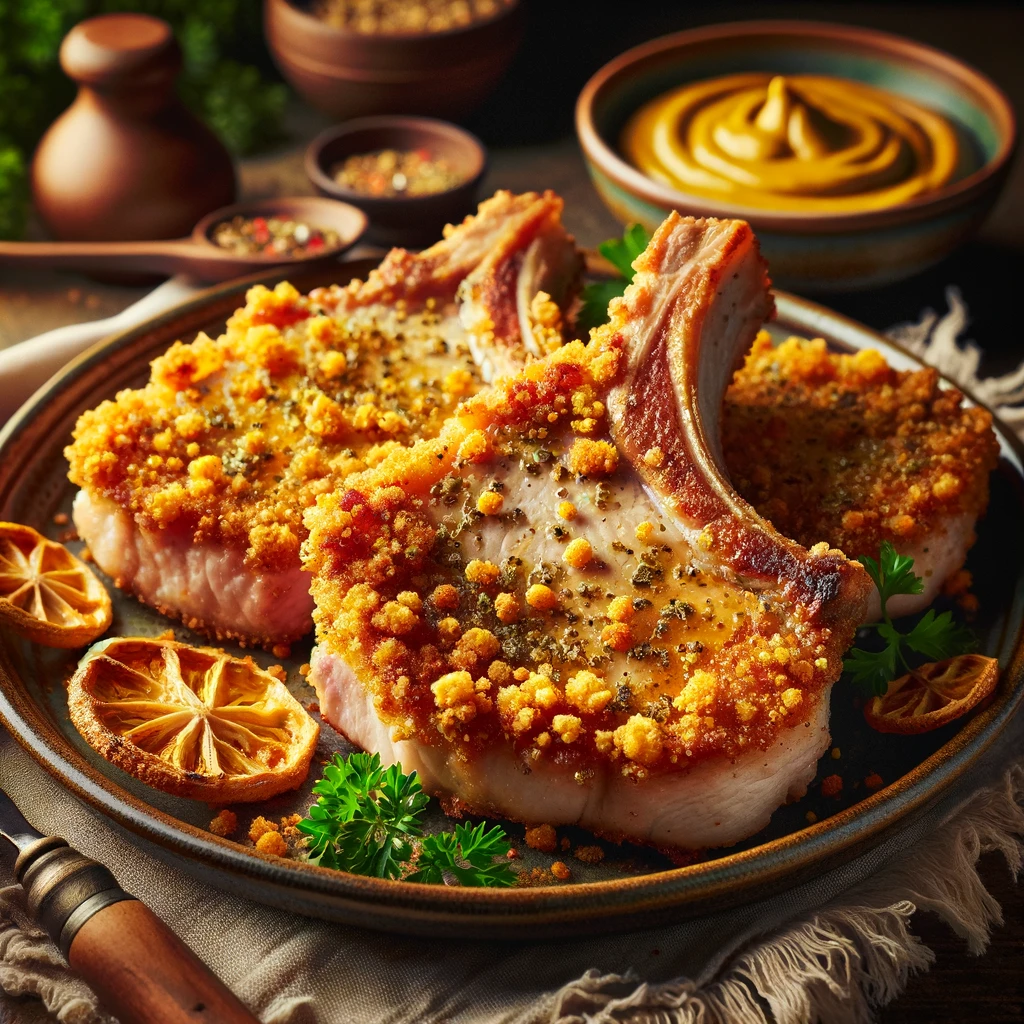 Golden-brown pork chops with a crispy cracker crust, seasoned with mustard and spices, plated on a rustic ceramic dish. Garnished with fresh parsley and served alongside a small bowl of mustard dipping sauce. The setting includes wooden utensils and a soft napkin, with warm natural lighting highlighting the texture and color of the dish