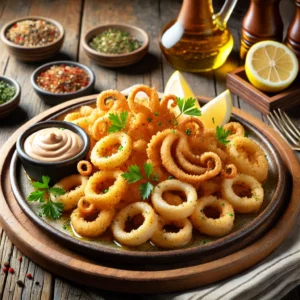 Here is the image of Old Bay Calamari, served golden and crispy, with dipping sauce and garnishes for a perfect presentation.