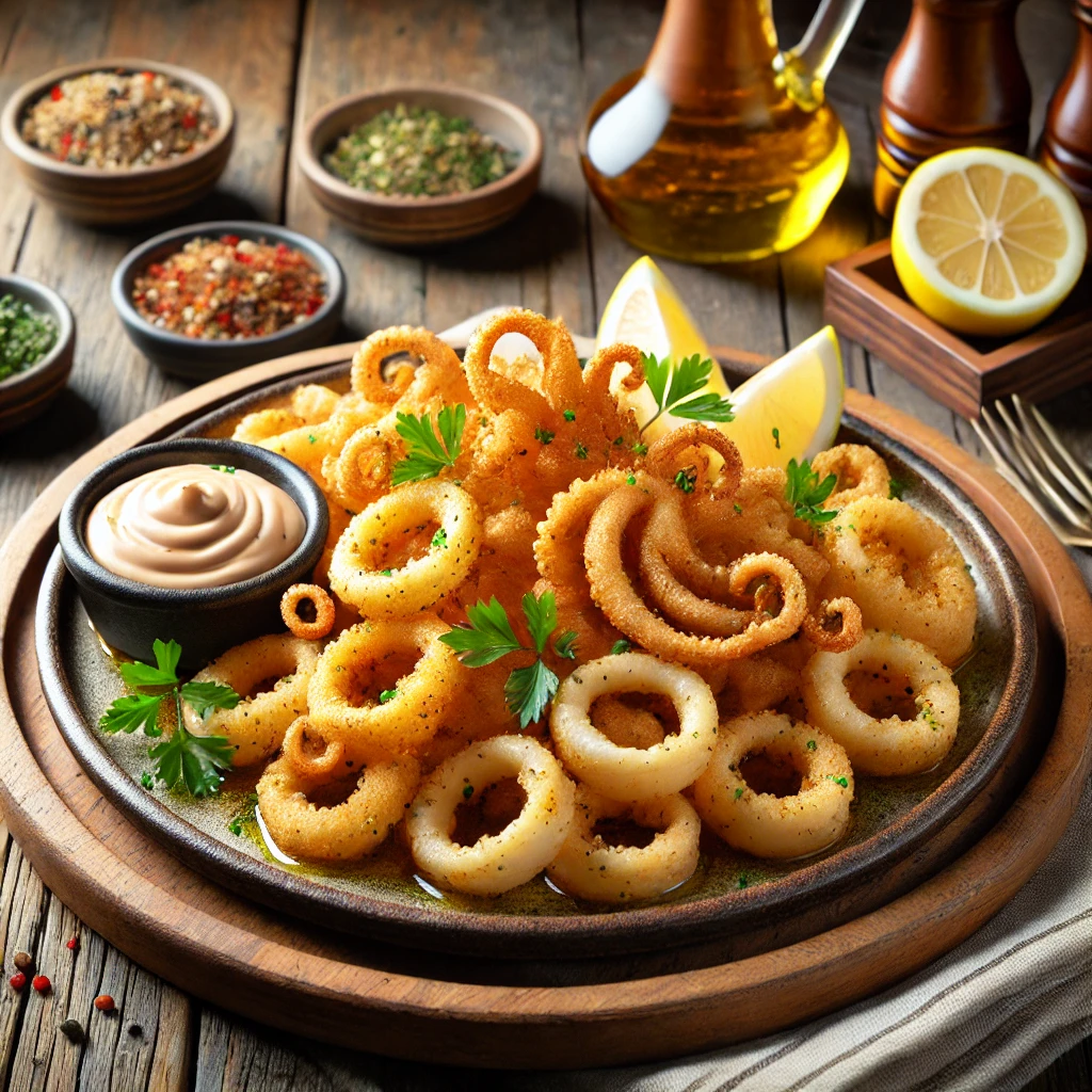 Here is the image of Old Bay Calamari, served golden and crispy, with dipping sauce and garnishes for a perfect presentation.