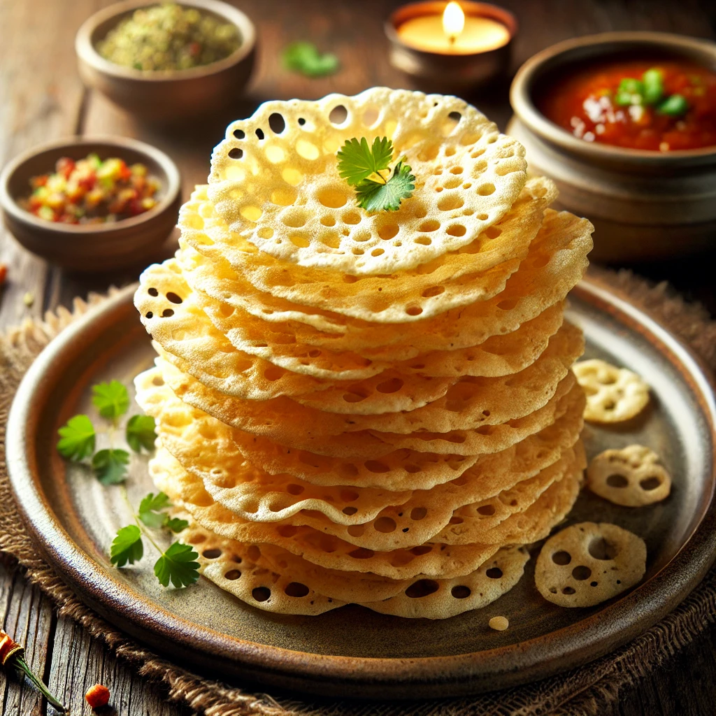 A beautifully plated stack of freshly fried Pappadums, golden and crispy with a delicate, bubbled texture. The pappadums are arranged on a rustic ceramic plate, with a small bowl of chutney and a side of fresh herbs for garnish. The plate rests on a wooden table, with soft, warm lighting enhancing the inviting and flavorful presentation.