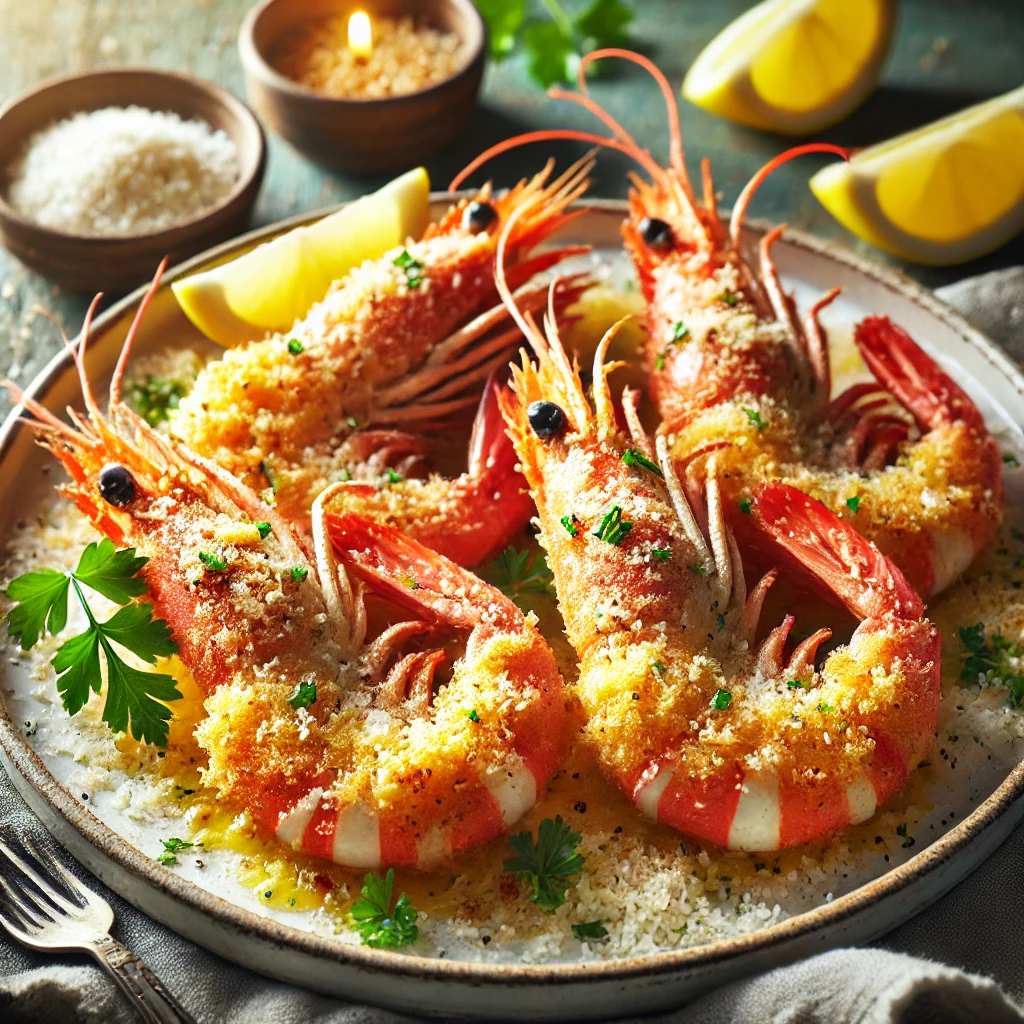 Easy Prawns alla Parmigiana, beautifully plated with golden, crispy prawns breaded with Parmigiano-Reggiano and breadcrumbs, garnished with fresh herbs and lemon wedges in a cozy rustic kitchen setting with natural warm lighting.