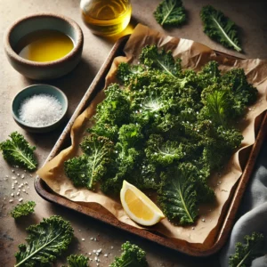 A tray of Crispy Kale, fresh out of the oven, served on parchment paper atop a rustic wooden table. The kale leaves are bright green with golden, crispy edges, lightly coated with olive oil and sprinkled with sea salt. Nearby, there’s a small bowl of lemon wedges and a drizzle of olive oil, with soft natural light enhancing the textures and freshness of the dish.