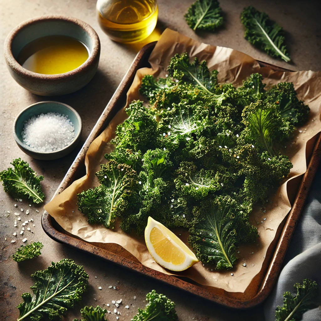 A tray of Crispy Kale, fresh out of the oven, served on parchment paper atop a rustic wooden table. The kale leaves are bright green with golden, crispy edges, lightly coated with olive oil and sprinkled with sea salt. Nearby, there’s a small bowl of lemon wedges and a drizzle of olive oil, with soft natural light enhancing the textures and freshness of the dish.
