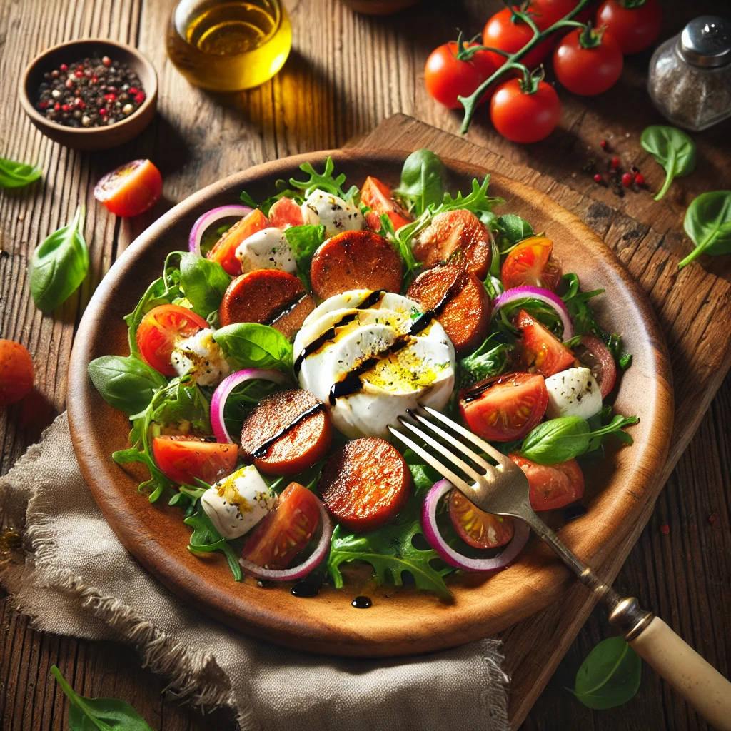 A plate of crispy sausage and burrata salad with golden sausage slices, fresh arugula, cherry tomatoes, and thinly sliced red onion on a rustic wooden table. Creamy burrata is torn over the top, drizzled with balsamic glaze and olive oil, and garnished with fresh basil and cracked black pepper. A serving fork lifts a bite, enhancing the inviting presentation.