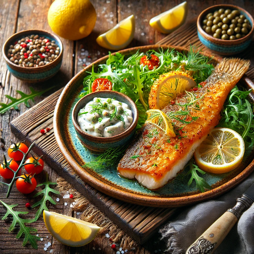 A beautifully styled photo of crispy sea bass fillets with golden, crunchy skin, served on a rustic ceramic plate. The dish is garnished with fresh dill and lemon zest, accompanied by a creamy zesty tartare sauce in a small bowl with visible capers and herbs. Lemon wedges and a fresh arugula and cherry tomato salad complete the presentation. The setting features a rustic wooden tabl