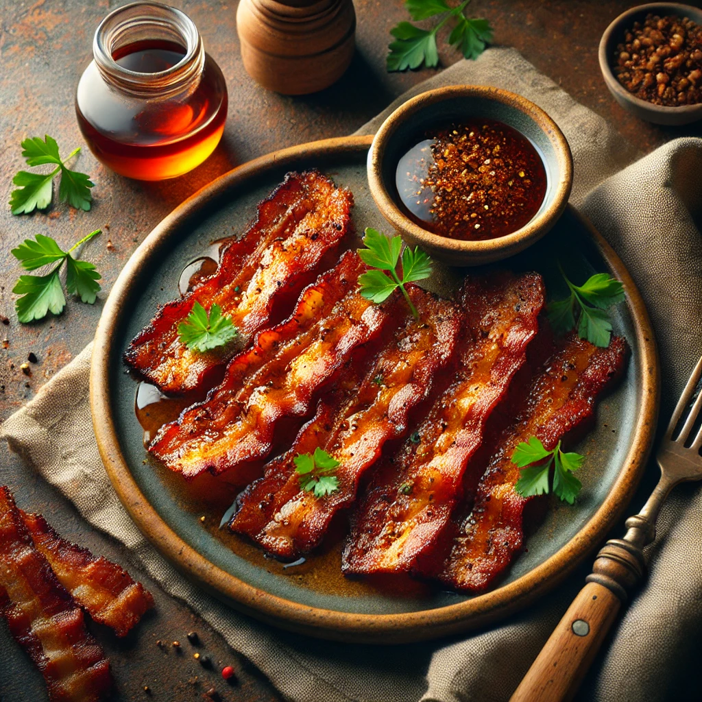 A rustic plate of crispy seitan bacon slices with a smoky, caramelized glaze, garnished with parsley, served with a bowl of maple syrup on a wooden table with a linen napkin and a fork nearby.