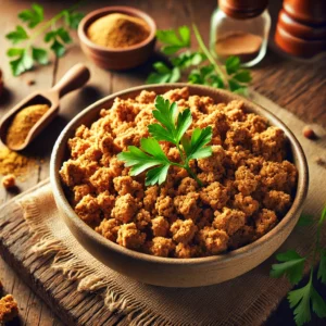 A rustic bowl of Basic Seitan Crumbles, golden-brown and lightly seasoned, garnished with parsley, set on a wooden table with a jar of spices and a wooden spoon nearby.