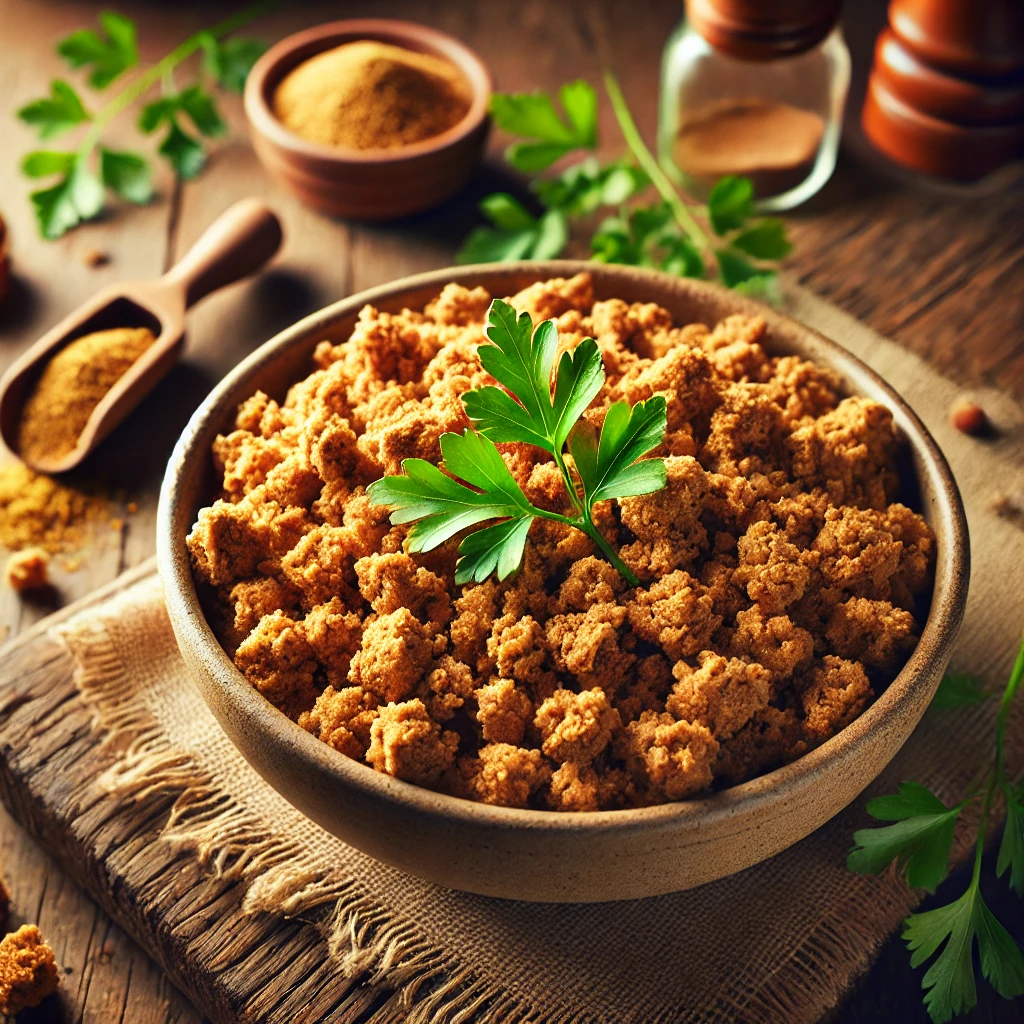 A rustic bowl of Basic Seitan Crumbles, golden-brown and lightly seasoned, garnished with parsley, set on a wooden table with a jar of spices and a wooden spoon nearby.