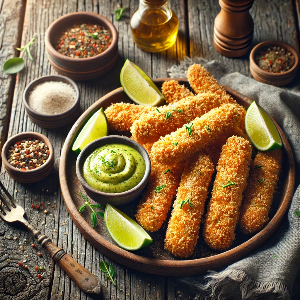 Crispy steak fingers coated in a golden breadcrumb and parmesan crust, served with a tangy lime sauce on a rustic ceramic plate. Garnished with fresh herbs, the dish is presented on a wooden table with a small bowl of lime sauce and seasonings, illuminated by soft natural lighting for a warm and inviting appearance.