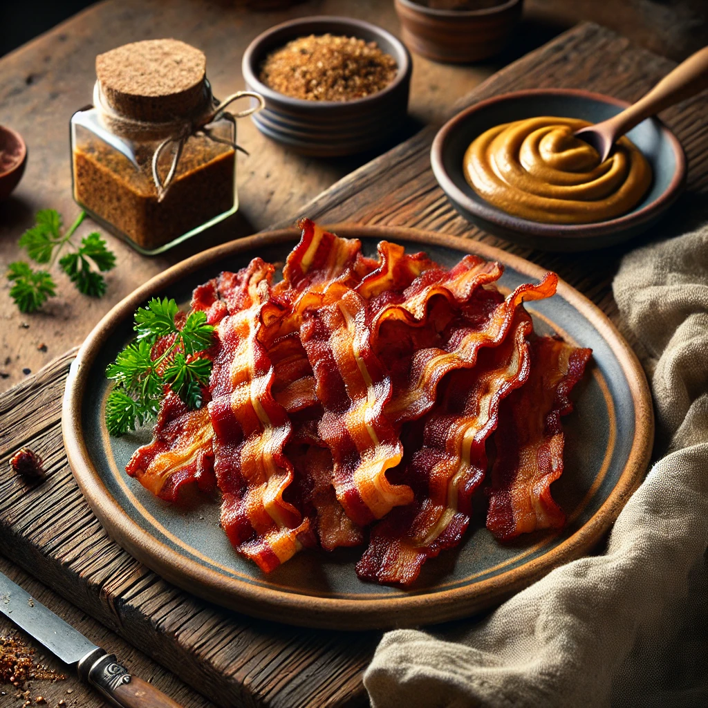 A rustic presentation of crispy, golden-brown sugar-free bacon strips on an artisan ceramic plate, arranged with slightly curled edges. The plate is set on a wooden table with a small dish of grainy mustard, a sprig of fresh parsley for garnish, and a linen napkin, creating a cozy and inviting breakfast scene.