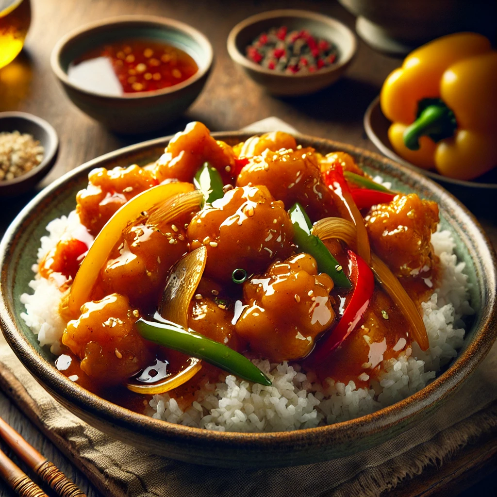 A beautifully plated Crispy Sweet & Sour Chicken dish, featuring golden, crispy fried chicken pieces coated in a glossy, tangy sweet and sour sauce. The dish is mixed with vibrant bell peppers and onions, adding color and freshness. It is served over a bed of fluffy white rice in a rustic ceramic bowl. A side of chopsticks and a small dish of extra sauce accompany the plate on a wooden table. Soft, warm lighting enhances the inviting and flavorful presentation.