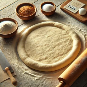 A smooth, evenly rolled thin crust pizza dough is laid out on a lightly floured wooden surface, ready for topping. The dough has a shallow lip forming at the edges. Nearby are small bowls of flour, salt, and an envelope of dry yeast, along with a rolling pin and a lightly oiled pizza pan. Soft natural light highlights the dough's texture, creating a clean and rustic presentation.