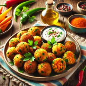 A vibrant plate of golden and crispy veggie balls served with a creamy dipping sauce, garnished with fresh parsley and a sprinkle of chili flakes. The dish is styled on a rustic wooden table with a colorful napkin, small bowls of sauce, and fresh vegetables, highlighted by bright natural lighting to enhance its fresh and appetizing appearance.