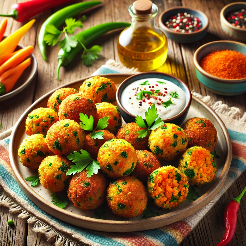 A vibrant plate of golden and crispy veggie balls served with a creamy dipping sauce, garnished with fresh parsley and a sprinkle of chili flakes. The dish is styled on a rustic wooden table with a colorful napkin, small bowls of sauce, and fresh vegetables, highlighted by bright natural lighting to enhance its fresh and appetizing appearance.