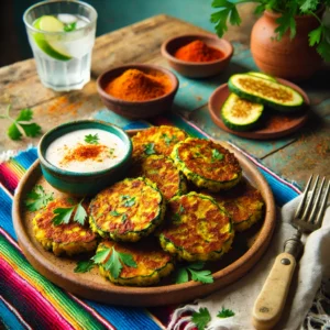 A vibrant and cozy scene featuring crispy zucchini fritters with a touch of paprika arranged on a rustic plate. The golden-brown fritters are garnished with fresh parsley and served with a side of creamy dipping sauce. The setup includes a colorful Mexican-style tablecloth, a small bowl of dipping sauce, a sprinkle of paprika, and a glass of iced water, illuminated by bright natural light to emphasize the crispy texture and inviting appeal.