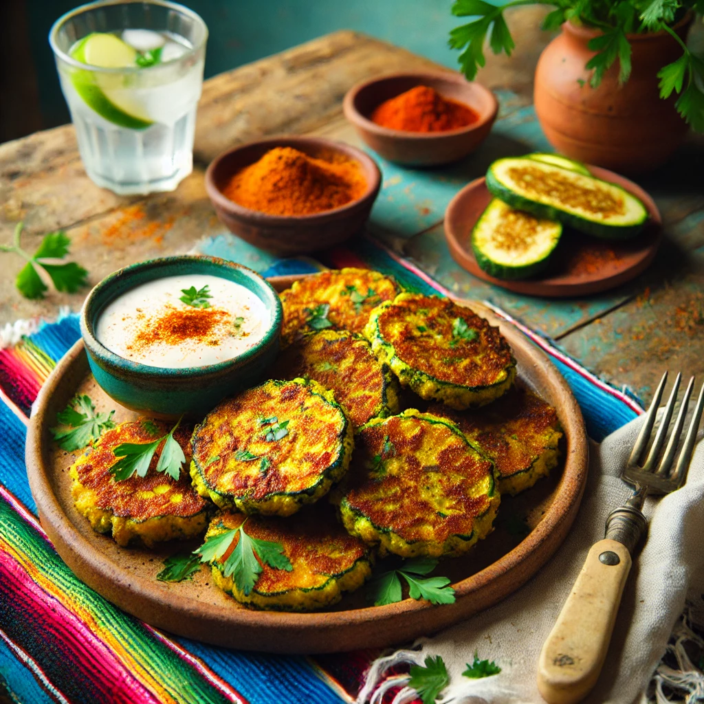 A vibrant and cozy scene featuring crispy zucchini fritters with a touch of paprika arranged on a rustic plate. The golden-brown fritters are garnished with fresh parsley and served with a side of creamy dipping sauce. The setup includes a colorful Mexican-style tablecloth, a small bowl of dipping sauce, a sprinkle of paprika, and a glass of iced water, illuminated by bright natural light to emphasize the crispy texture and inviting appeal.