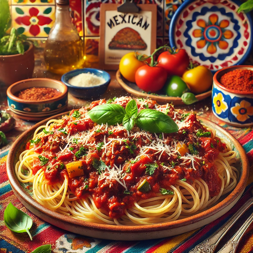 Spaghetti with rich meat sauce, garnished with Parmesan and basil, served in a cozy Mexican-style setting.