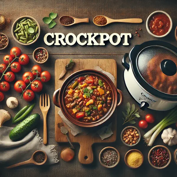 A rustic flat lay of a crockpot meal on a medium-dark wooden table with horizontal planks. The scene shows a hearty slow-cooked stew or chili in a bowl, with the crockpot and ingredients like beans, tomatoes, and herbs nearby. At the top, the word 'CROCKPOT' is written in extra-large cream-colored serif letters, centered and clearly visible above the food.