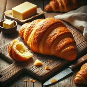 A freshly baked croissant on a rustic wooden table, featuring a golden, flaky exterior with delicate, crisp layers. A few are cut open to reveal the soft, buttery interior. The croissants rest on a wooden cutting board, with scattered flour, a butter knife, and a small dish of butter nearby. Soft natural lighting enhances the warm, inviting tones.