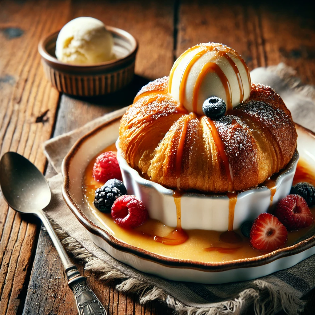 A beautifully plated Croissant Pudding served on a rustic wooden table. The dish features buttery, flaky croissants baked in a rich custard until golden and slightly crispy on top. Drizzled with caramel sauce and dusted with powdered sugar. Garnished with fresh berries and a dollop of whipped cream. Served on a white ceramic plate with a side of vanilla ice cream. The warm wooden table is more visible, providing a cozy and inviting setting.