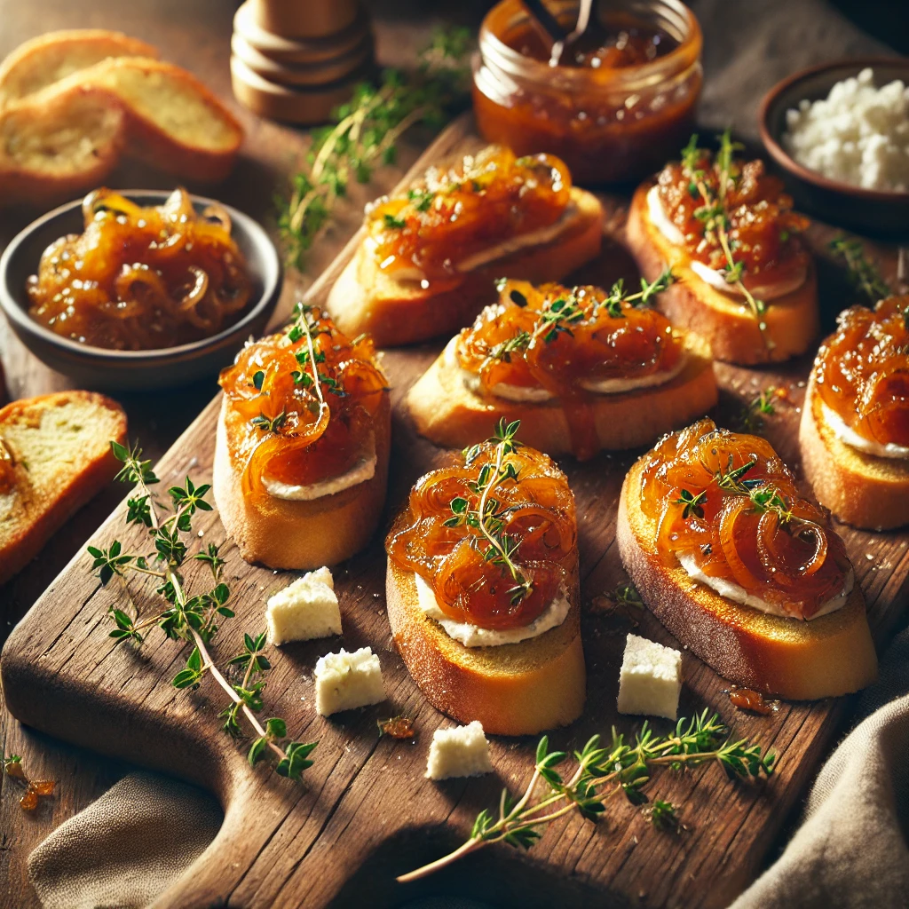 A rustic presentation of crostini with caramelized onion jam, elegantly arranged on a wooden table. The crostini features crispy toasted baguette slices topped with rich, golden caramelized onion jam, garnished with fresh thyme and crumbled goat cheese. Some crostini pieces are placed on a wooden cutting board, while others are scattered around with extra caramelized onions, cheese crumbles, and thyme sprigs. Soft natural lighting enhances the warm and inviting feel, with gentle shadows and a hint of rustic kitchen elements in the background.