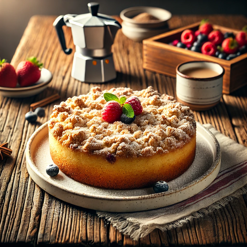 A beautifully plated Crumb Cake served on a rustic wooden table. The cake features a soft, buttery base topped with a thick layer of cinnamon-sugar crumb topping. Lightly dusted with powdered sugar and served on a white ceramic plate with a side of fresh berries. The warm wooden table is more visible, providing a cozy and inviting setting.
