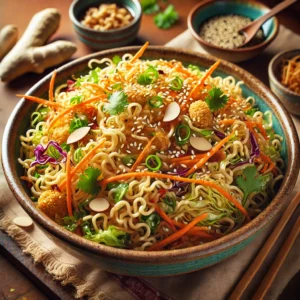 Crisp shredded cabbage, julienned carrots, sliced green onions, and crunchy toasted ramen noodles tossed in a tangy sesame-ginger dressing, garnished with almonds, sesame seeds, and fresh cilantro.