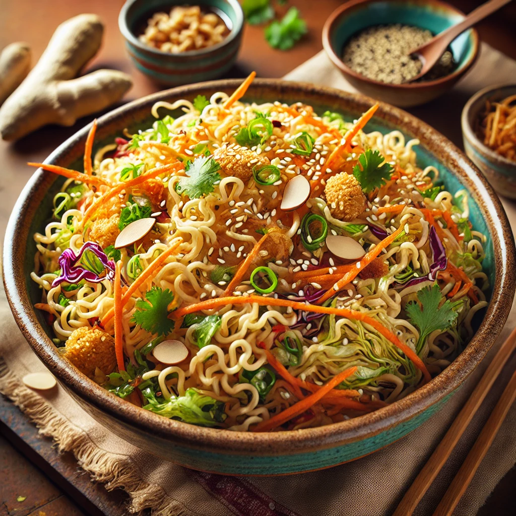 Crisp shredded cabbage, julienned carrots, sliced green onions, and crunchy toasted ramen noodles tossed in a tangy sesame-ginger dressing, garnished with almonds, sesame seeds, and fresh cilantro.