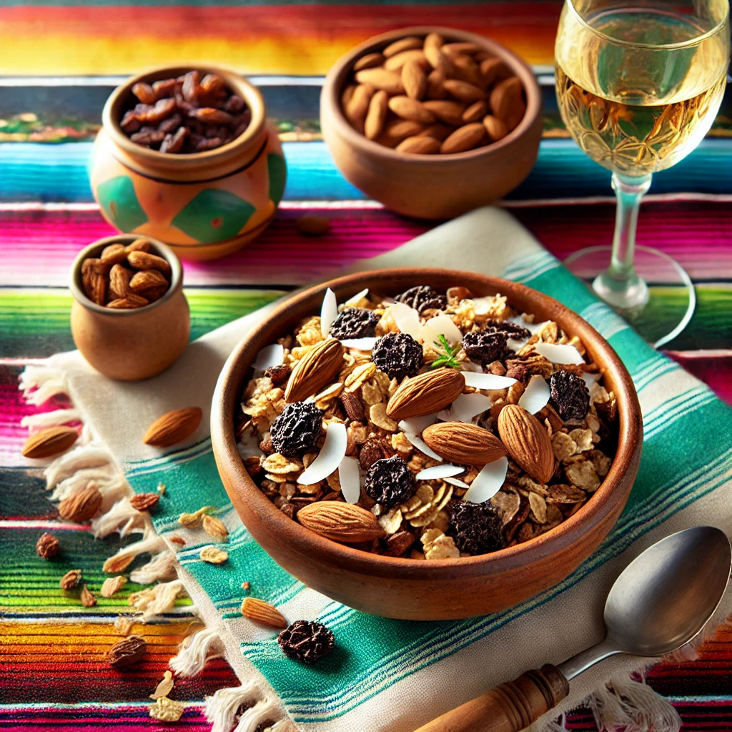 A colorful and wholesome breakfast setting featuring crunchy carob almond granola served in a rustic bowl. The granola includes oats, almonds, carob chips, and shredded coconut, arranged on a bright, colorful Mexican-style tablecloth. The setup includes a glass of Moscato, a small dish of raisins, and a wooden spoon, with bright natural light enhancing the cozy and inviting atmosphere.