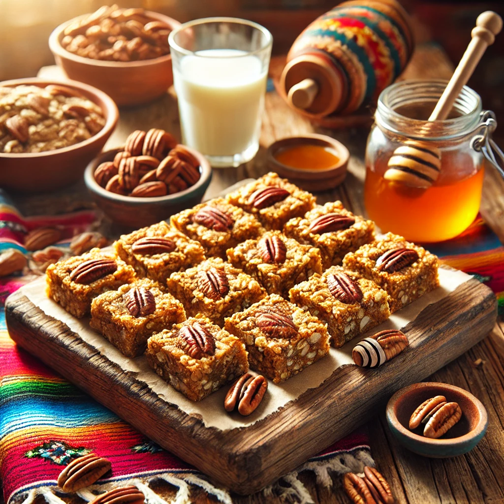 A cozy and inviting scene featuring Crunchy & Chewy Pecan Oat Bars arranged on a rustic wooden platter. The bars are golden brown, packed with pecans, oats, and drizzled with honey for a glossy finish. The setting includes a colorful Mexican-style tablecloth, a small dish of pecans, a honey jar with a dipper, and a glass of milk, illuminated by bright natural light to enhance the warm and wholesome atmosphere.