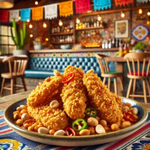 Crunchy chicken tenders with a peanut and tortilla chip crust, served in a vibrant Mexican-style setting.