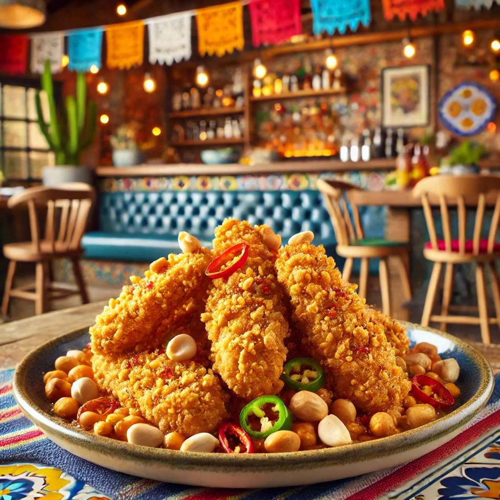 Crunchy chicken tenders with a peanut and tortilla chip crust, served in a vibrant Mexican-style setting.