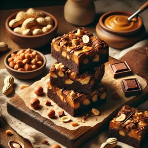 A rustic presentation of crunchy peanut butter blast brownies, elegantly arranged on a wooden table. The brownies have a rich, fudgy chocolate base swirled with crunchy peanut butter and topped with chopped peanuts and a smooth chocolate drizzle. Some brownies are stacked on a wooden cutting board, while others are cut into squares to showcase the crunchy, gooey layers. Scattered around are whole and crushed peanuts, chocolate chunks, and a drizzle of melted peanut butter. Soft natural lighting enhances the warm and indulgent feel, with gentle shadows and a hint of greenery in the background.
