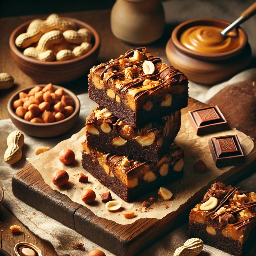 A rustic presentation of crunchy peanut butter blast brownies, elegantly arranged on a wooden table. The brownies have a rich, fudgy chocolate base swirled with crunchy peanut butter and topped with chopped peanuts and a smooth chocolate drizzle. Some brownies are stacked on a wooden cutting board, while others are cut into squares to showcase the crunchy, gooey layers. Scattered around are whole and crushed peanuts, chocolate chunks, and a drizzle of melted peanut butter. Soft natural lighting enhances the warm and indulgent feel, with gentle shadows and a hint of greenery in the background.