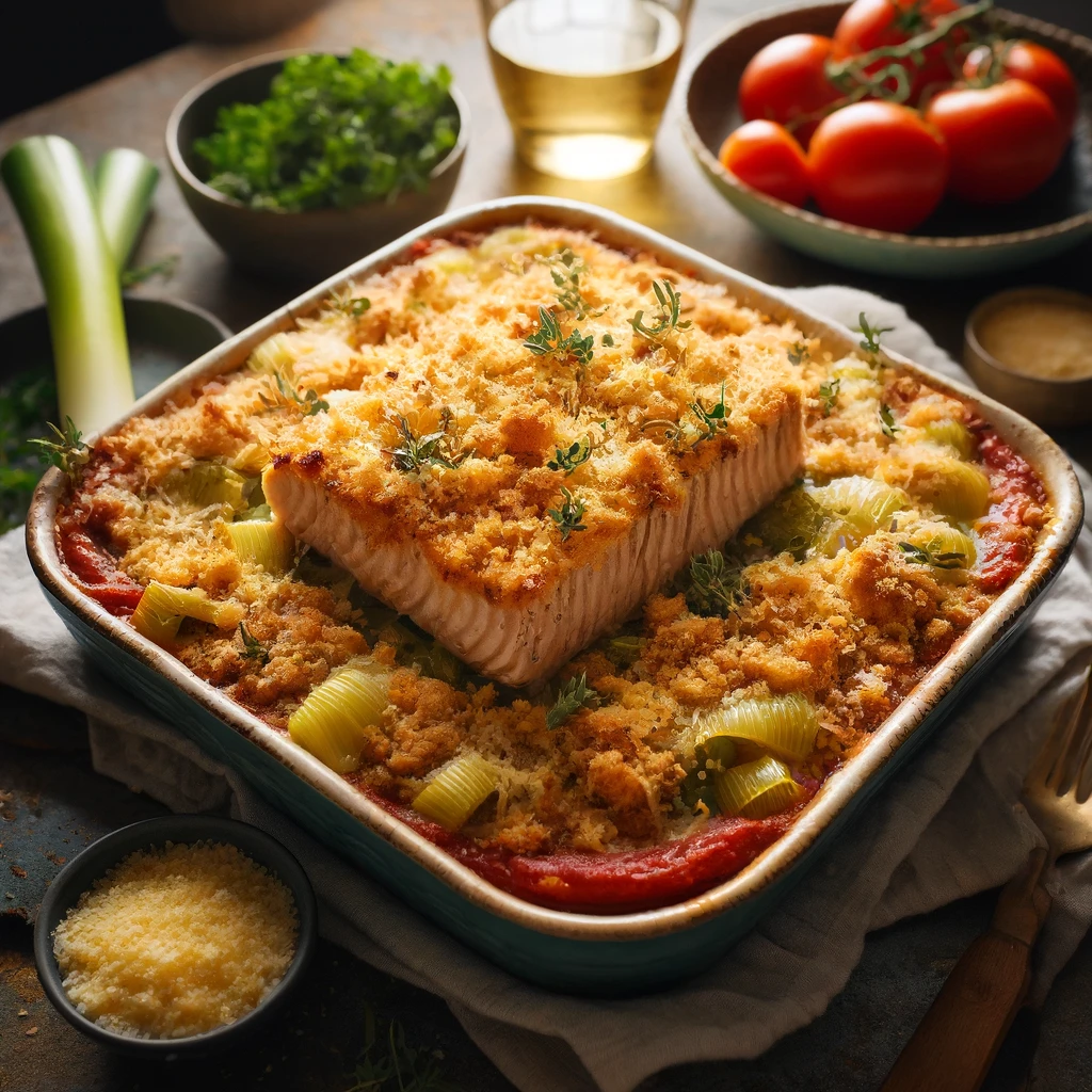 Crunchy Topped Fish Bake, featuring tender tuna fillets layered with sautéed leeks, tomato puree, and a golden breadcrumb and Parmesan crust, presented in a rustic casserole dish with a cozy kitchen ambiance.