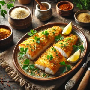 Golden-crusted haddock fillets seasoned with parmesan and parsley, garnished with fresh parsley and served with lemon wedges on a ceramic plate. The cozy wooden table setup and soft natural lighting enhance the inviting and flavorful appeal of the dish.