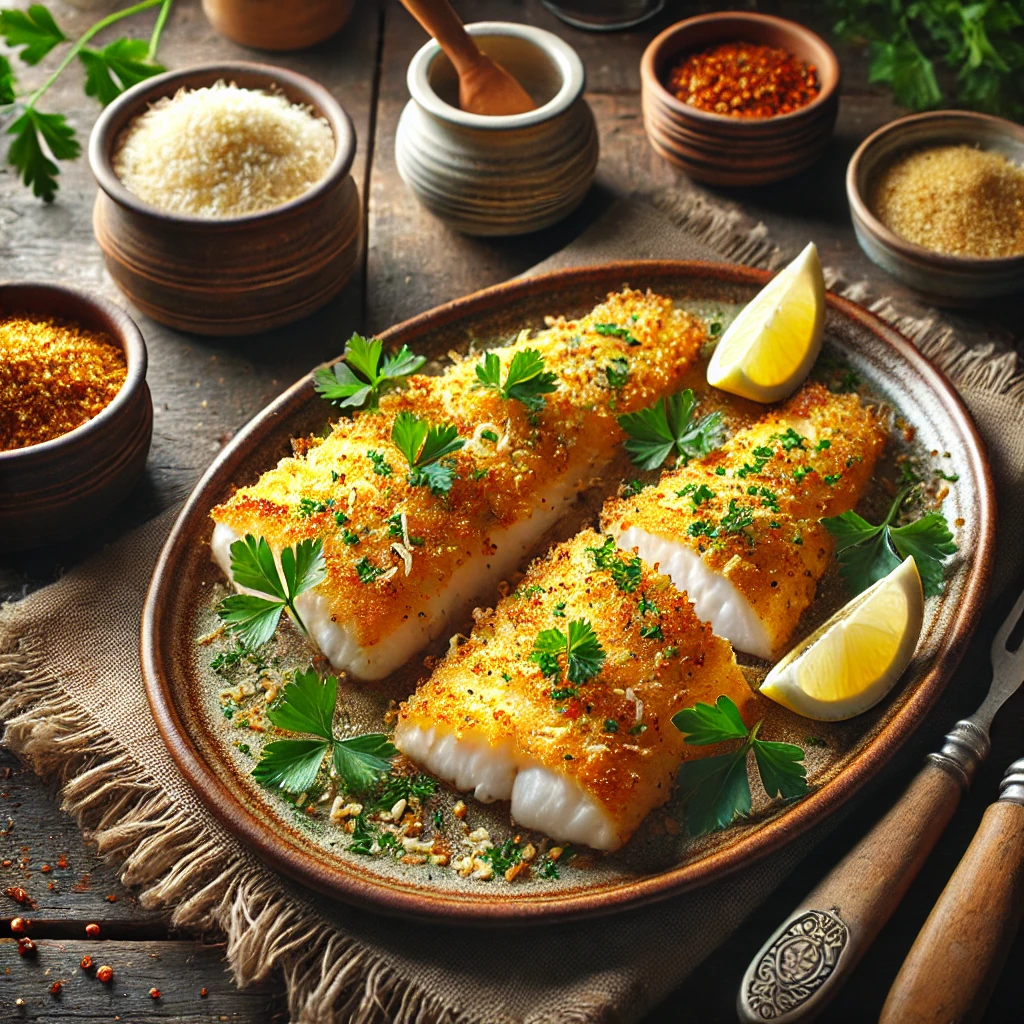Golden-crusted haddock fillets seasoned with parmesan and parsley, garnished with fresh parsley and served with lemon wedges on a ceramic plate. The cozy wooden table setup and soft natural lighting enhance the inviting and flavorful appeal of the dish.