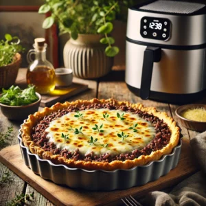 A golden crustless beef and cheese tart served in a modern ceramic dish, topped with melted Swiss cheese and a crispy layer of crushed crackers. The tart is presented on a rustic wooden table with a side of fresh greens, and a sleek air fryer is subtly visible in the background.
