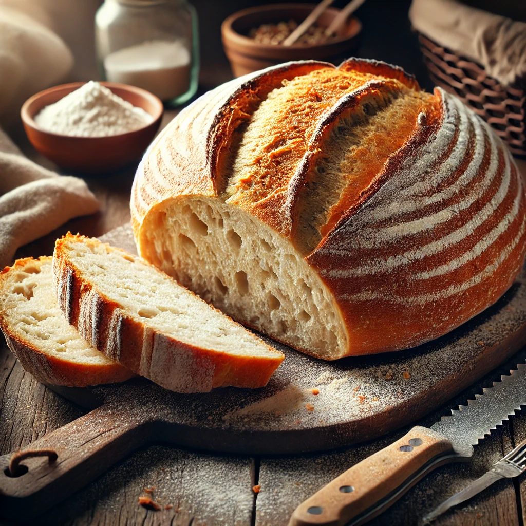 A freshly baked crusty cob loaf on a rustic wooden table, featuring a round, golden-brown crust with a crisp, rustic texture and a dusting of flour on top. A few slices are cut and placed beside the loaf, showcasing the soft, airy interior. A serrated bread knife and scattered flour add to the homemade charm. Soft natural lighting enhances the warm, inviting tones.